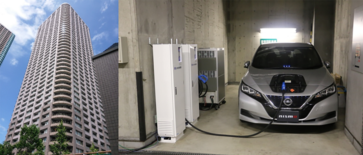 図　実験の場となった高層マンション（左）とエレベーターに電源を供給しているEV（右）