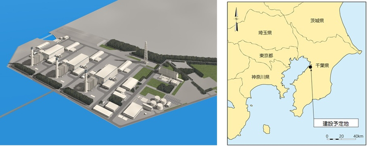 図　設備更新工事完了後の予想図（左）と、五井火力発電所の位置