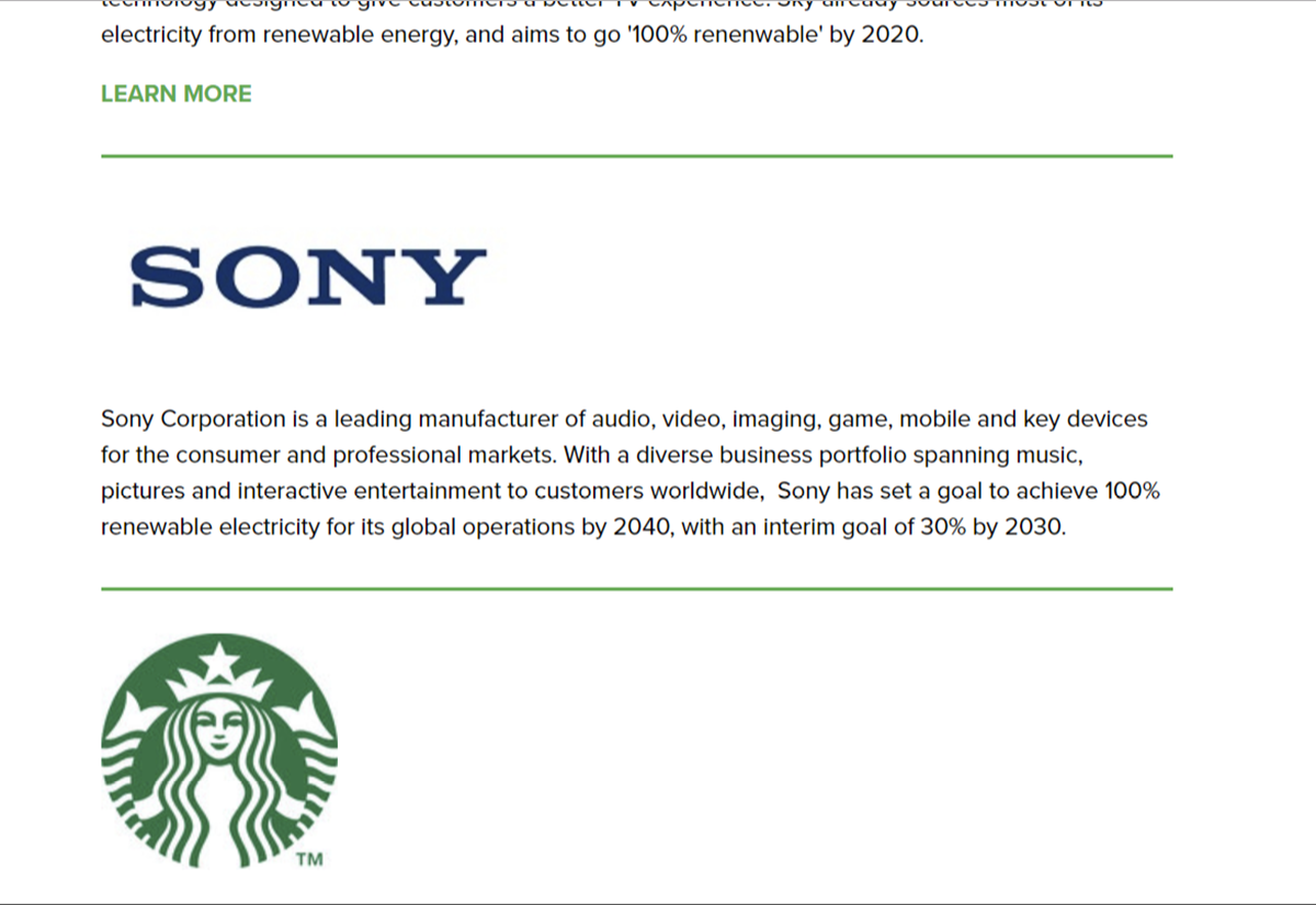 図　RE100のWebサイトを見ると、ソニーの社名と目標が載っている