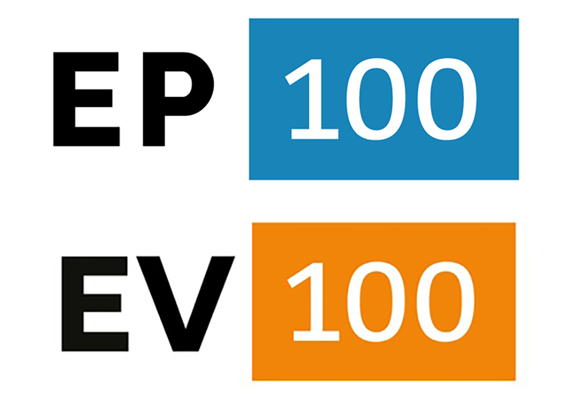 図　「EP100」（上）と、「EV100」（下）のロゴ
