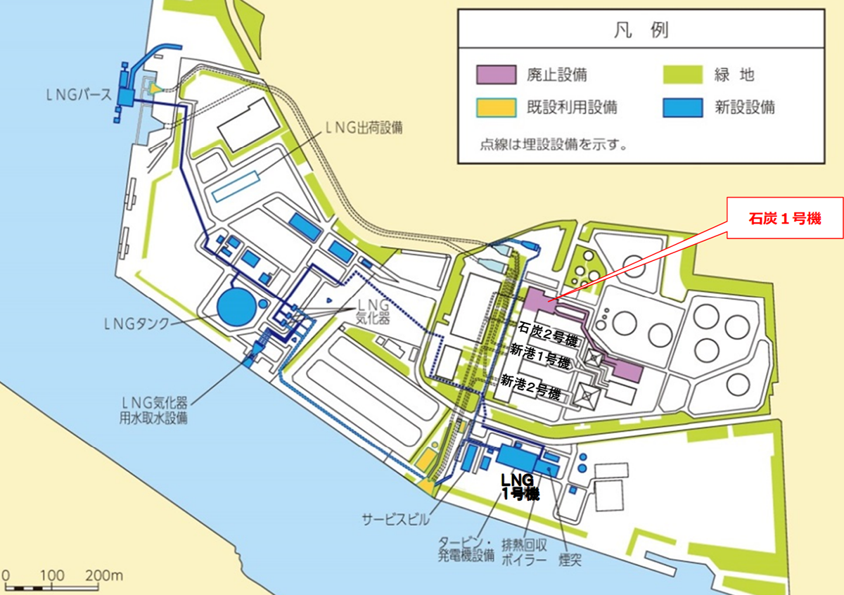 図　富山新港火力発電所 LNG 1号機と、LNG関連設備の位置。青い部分が新たに建設した設備を指す