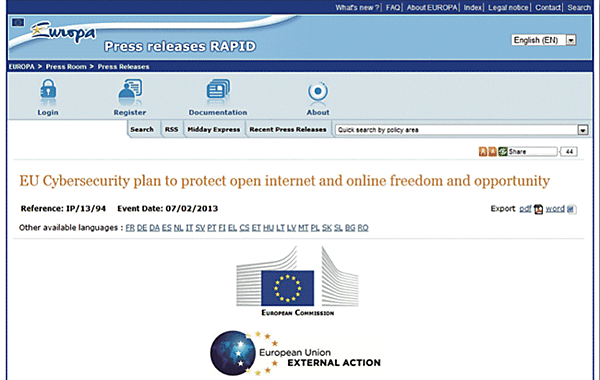 図3 EUのサイバーセキュリティ戦略：「オープンなインターネットとオンラインによる自由と機会の保護に関するEUのサイバーセキュリティの計画」のプレスリリース