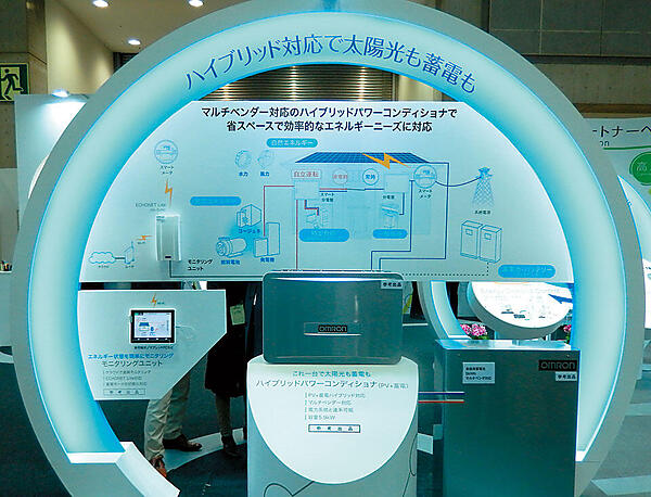 写真7　フジクラは、再生可能エネルギー用ケーブルとして、風力発電用耐捻回性ケーブルや太陽電池発電所用ケーブルなどを出展。太陽電池発電所用ケーブル（写真左）は、定格直流電圧（DC）1500Vで、1芯（1C）、2芯（2C）の両方を展示。ケーブルの導体サイズは、2mm2、3.5mm2から5.5mm2、8mm2、14mm2、22mm2、38mm2、さらに電気技術設備基準法の改正に合わせて、60mm2が追加ラインナップされた。
