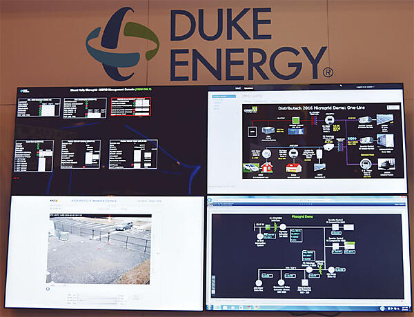 写真6　Duke EnergyブースでのOpenFMBのデモ。Mount Holly（マウントホリー）のデモとDistribuTECH 2016会場内のデモ画面。