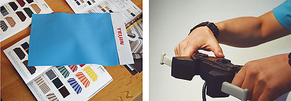 写真9　車のボディに使用された布サンプル（帝人フロンティア製）(左) 写真10　バーハンドルで操作するローランド製のrimOnO専用サウンド（右）