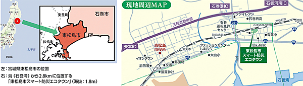 図1　宮城県東松島市と「東松島市スマート防災エコタウン」の位置