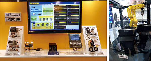 写真3　ファナックのFIELD systemの展示デモ（左）とFIELD systemで動作するロボット（右）