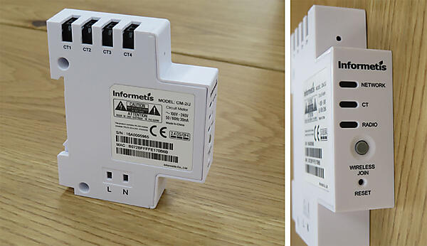 写真3　電力センサーの外観（左）と電力センサーを右側から見たところ（右）