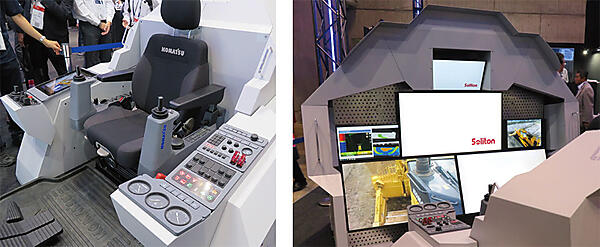 写真9　コマツの遠隔操作用オペレータの専用コックピット（左）と現場映像を映すコックピット前に設置された画面群（右）
