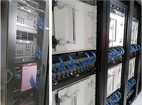 写真4　シミュレータエリア　同時に大量の無線トラフィックをシミュレータ（模擬的な試験装置）で発生させ、基地局または携帯端末の機能検証を行う。また、実際の携帯端末を使用して、エンドツーエンドで試験を行う。リモートからの試験制御、または自動制御による試験も可能となっている。