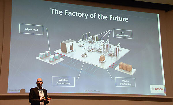 写真9　工場を無線化した未来工場の構想を明かすボッシュのアンドレアス・ミュラー氏
