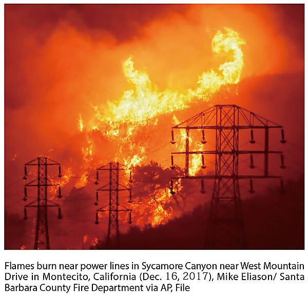 写真　カリフォルニア州モンテシト周辺の送電線近くで発生した山火事の様子