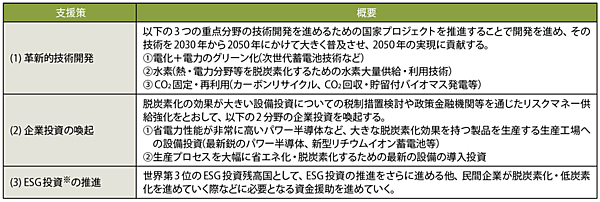 表1　成長戦略会議「実行計画」で示されている2050年カーボンニュートラルに向けたイノベーション推進のための支援案