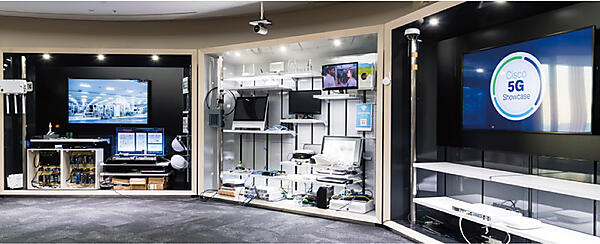 写真1　［右側］ショーケース正面、［中央］5G/Wi-Fi6関連の通信機器等、［左側］Cisco IE2000（Industrial Ethernet 2000）シリーズやTHKのIoTサービス向けOMNI edge〔部品にセンサーをつけて、現在の状態を数値で見える化するシステム（右下の画面〕等を展示。