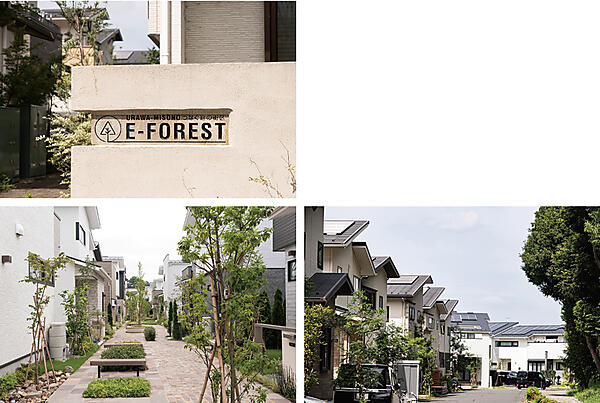 写真9　「浦和美園E-フォレスト第3期」の入り口の標識（左上）、コモンスペース（左下）、街区外側からの外観（右下）