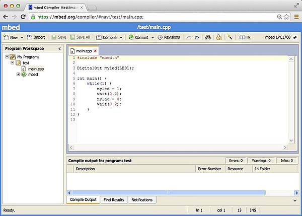 図　mbedにWebブラウザでアクセスしたところ。コードエディタにコードを入力してコンパイルボタンを押せば、サーバーがコンパイルしてくれる