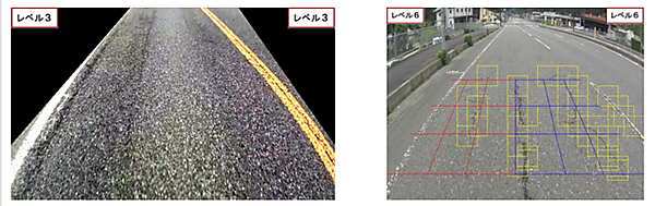 図　わだち掘れ（左）と、ひび割れ（右）を検出したところのイメージ