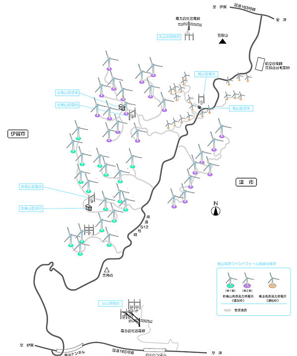 図　青山高原風力発電所と新青山風力発電所の発電設備の配置図。紫色の丸印が付いた設備が、今回工事が完了したところ