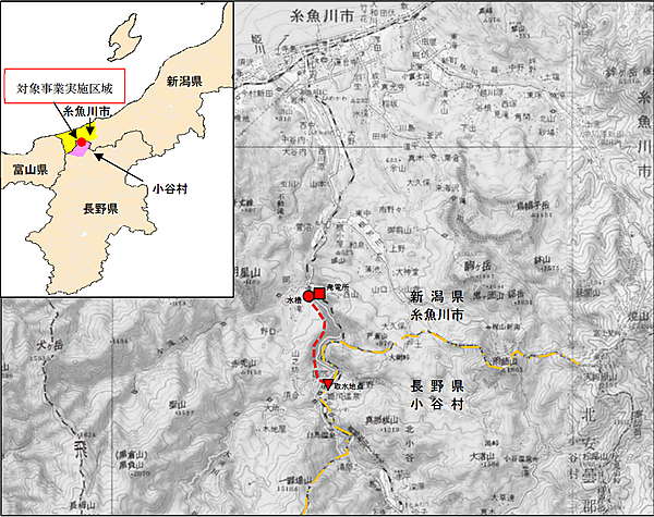 図　取水地点と発電所の位置。間に高台があることが確認できる