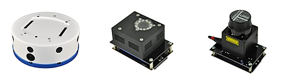 図　図　「Khepera IV」本体（左）と、屋内位置検出システム（中）、レーザーレンジファインダー（右）