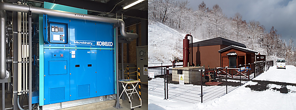図　神戸製鋼所が今回納入した「MB-70H」（左）と、MB-70Hを設置した施設（右）。温泉を汲み上げるポンプなどが備わっている