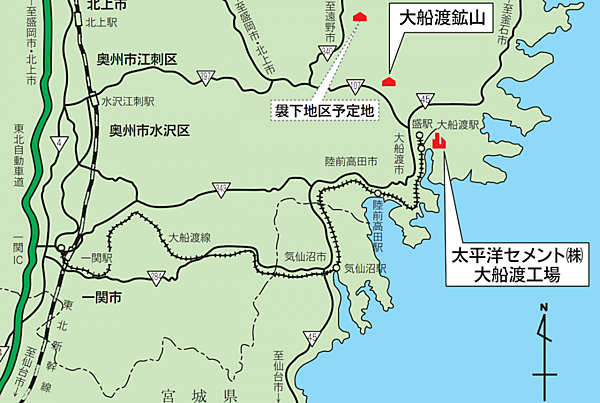 図　太平洋セメント大船渡工場の位置。三陸海岸の大船渡湾の奥に位置している