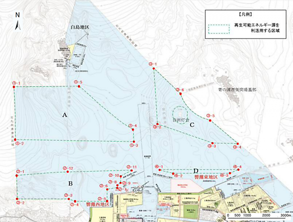図　緑色の点線で囲んだ部分が、北九州市が公募に当たって建設対象と指定した4つの水域