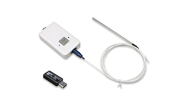 図　「ワイヤレス品温モニターセット（Windows対応）」。温度センサーにUSB接続の受信機が付く