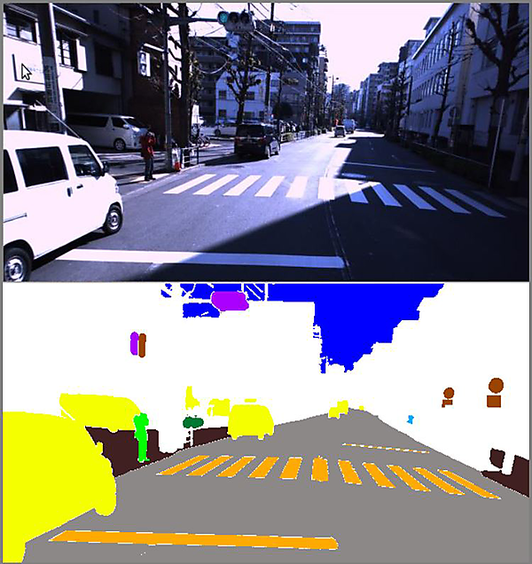 図　車載カメラが捉えた画像（上）と、ラベリング済みの画像（下）