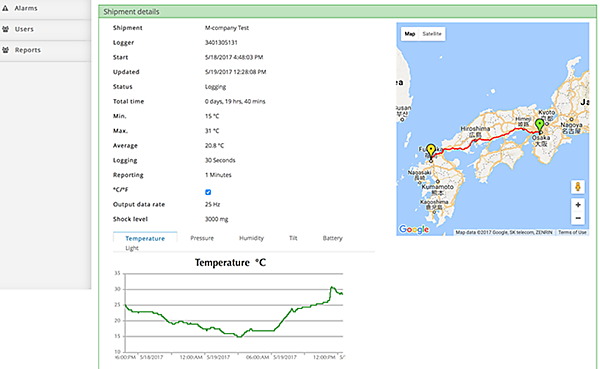 図　クラウドのサーバーにアクセスして管理画面を開けると、センサーが検知した値の推移や、荷物が通ってきたと考えられるルートを確認できる