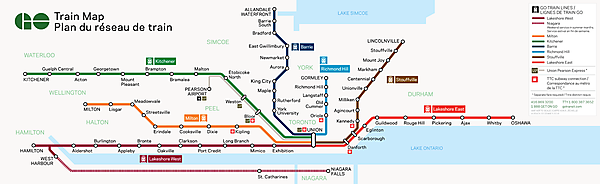図　Go Trainの路線図。Union駅から放射状に7本の路線が走っている