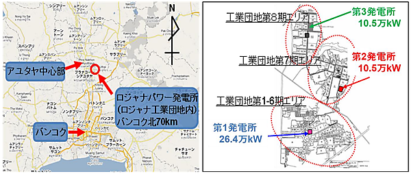 図　ロジャナ工業団地の位置（左）と、工業団地内の3基の発電設備の位置（右）