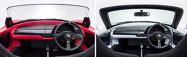 図　樹脂製ピラーレスプロントウィンドウを搭載した「トミーカイラZZ」（左）と、従来のウィンドウを搭載したもの（右）。樹脂製フロントウィンドウ採用車はルームミラーを付ける必要がなくなった