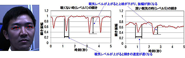 図　カメラ画像から瞼を検知し、その開き具合と瞬きが完了するまでの時間を分析して眠気レベルを判定する
