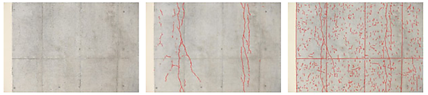 図　コンクリート壁の撮影画像（左）と、今回開発した技術でひび割れを検出した結果（中）。80％以上の確率でひび割れを検出している。右は従来の手法でひび割れを検出した結果。誤検出が多く、正しく検出した割合は12％にとどまる