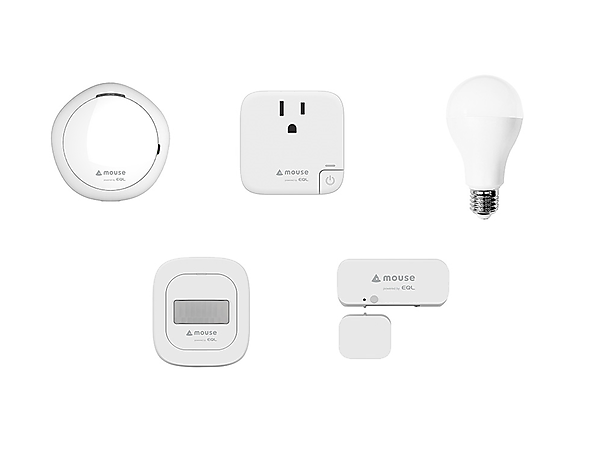 図　マウスコンピューターが発売した「mouseスマートホーム」の各製品。上段左がルームハブ、中がスマートプラグ、右がスマートLEDライト。下段左がモーションセンサーで、右がドアセンサー