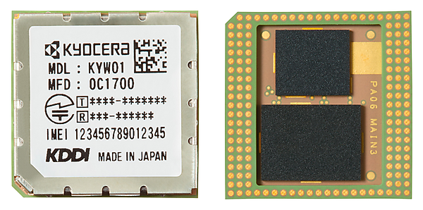 図　KDDIが提供するCat.M1通信モジュール。左が表面で、右が裏面