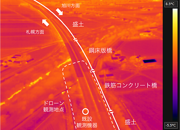 図　10月26日の6時に計測した結果。鋼床版橋の部分が全体的に低温になるなど、道路の構造によって路面温度が変わる様子が分かる
