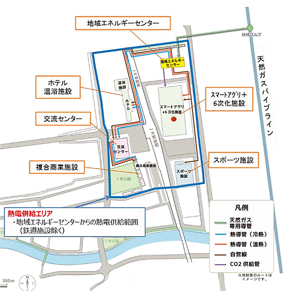 図　地域エネルギーセンターがエネルギーやCO<sub>2</sub>を供給するエリア