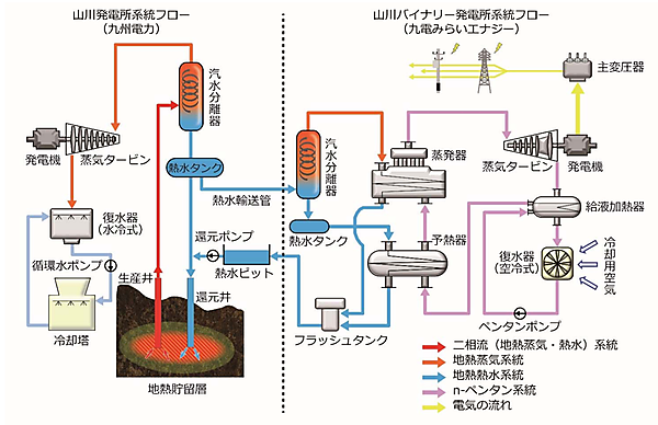 図　山川バイナリー発電所では山川発電所から還元熱水の供給を受けている。供給を受けた還元熱水を汽水分離器で水分と蒸気に分離し、蒸気でペンタンを熱する。熱したペンタンは低温で蒸気となり、タービンを回して電気を発生させる