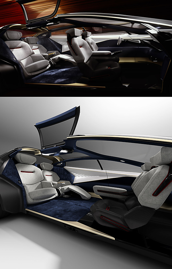 図　人間が運転するときはステアリングホイールなどが出てくるが（上）、自動運転で走行するときはステアリングホイールなどを格納して、前列の座席を180°回転させることが可能（下）