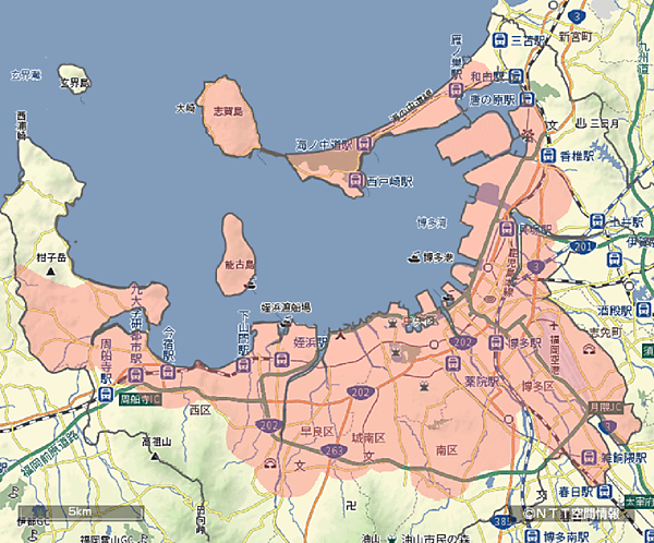 図　「Fukuoka City LoRaWAN」の通信エリア