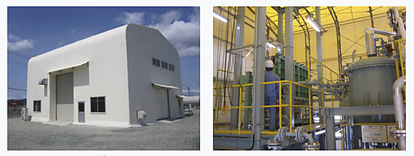 図　水電解設備を設置した試験棟外観（左）。右は試験棟内部