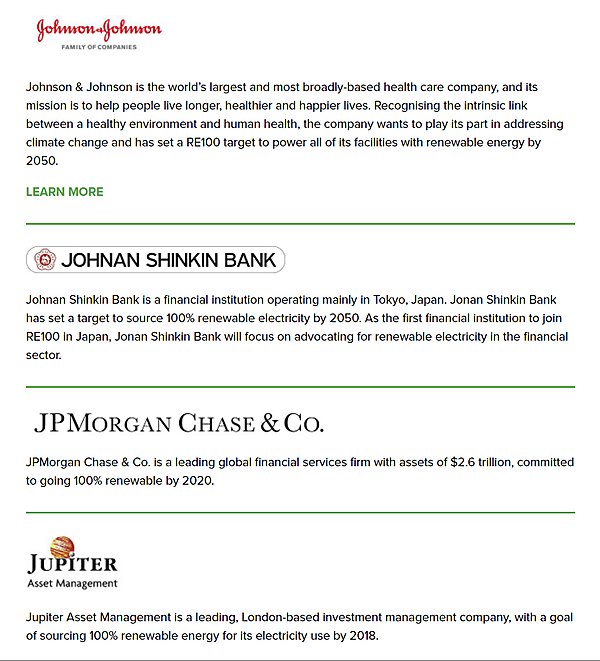 図　RE100のWebサイトを見ると、城南信用金庫の名前と目標が載っている