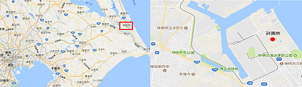 図　神栖市の位置（左）と、「大林神栖バイオマス発電所」の建設予定地の拡大図（右）