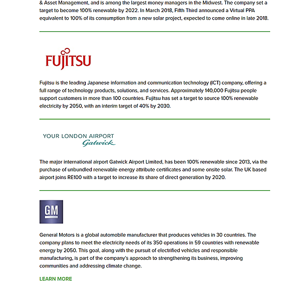 図　RE100のWebサイトを見ると、富士通の社名と目標が載っている
