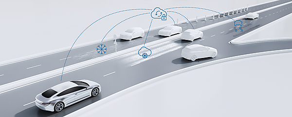 図　路面状況データを受信した自動運転車は、路面の状態に合わせて安全に走行できる