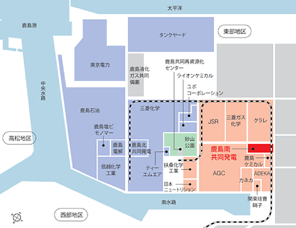 図　鹿島南共同発電の周囲にはさまざまな企業の工場が密集している