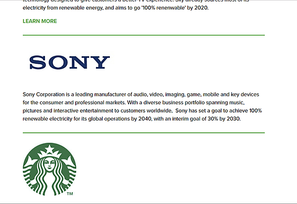 図　RE100のWebサイトを見ると、ソニーの社名と目標が載っている