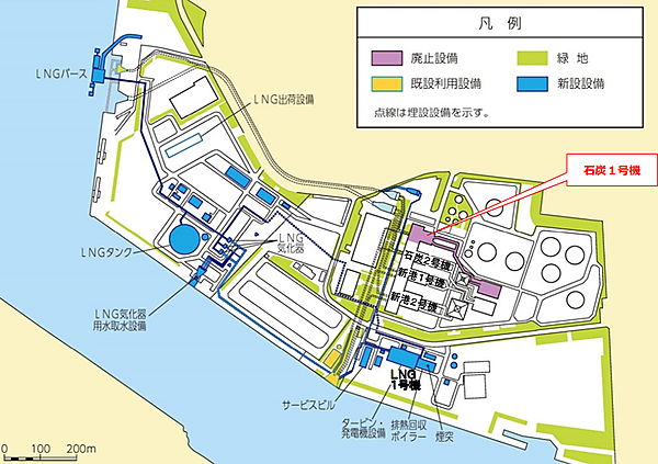 図　富山新港火力発電所 LNG 1号機と、LNG関連設備の位置。青い部分が新たに建設した設備を指す